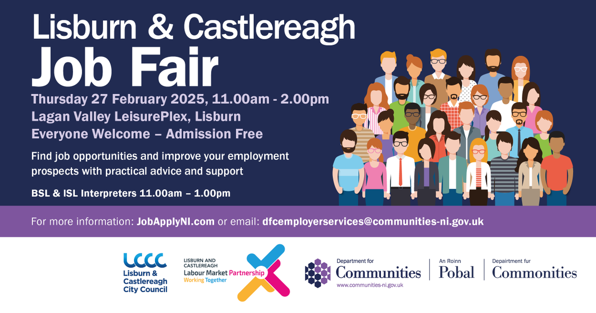 Looking for a new job? Visit us at the #JobFairLisburnCastlereagh in the Lagan Valley LeisurePlex Thursday 27th February 2025, 11am to 2pm

<a href="/lisburnccc/">LCCC</a>    
@communitiesNI