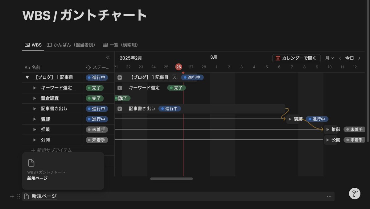 こんばんは！
計画性がない私ですが、今日コレを入れてみました。

"Notion"のガントチャート！

逆算して予定が立てれるのでいいですね…
あとは計画通りにやるだけです…💻

頑張ります

#ブログ初心者