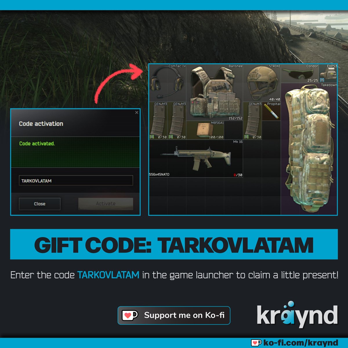 tarkovtips's tweet image. You can claim a new in-game gift now. Open your game launcher, hit the "down" icon in the top-right corner (next to your "online" status"), select "Activate code" and enter "TARKOVLATAM". 
#EscapefromTarkov