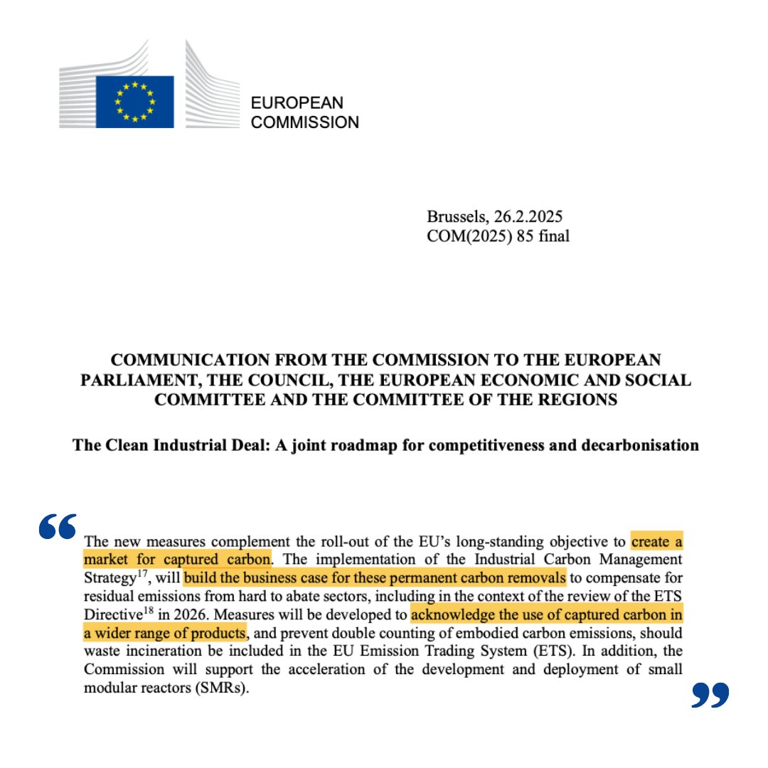 The long-awaited Clean Industrial Deal is finally out! 

The specific section mentioning #CarbonCapture and #CarbonRemoval is below for your analysis.

Some elements that stood out:

• The framework builds on the 90% net GHG reduction by 2040 (note that the proposal is not out