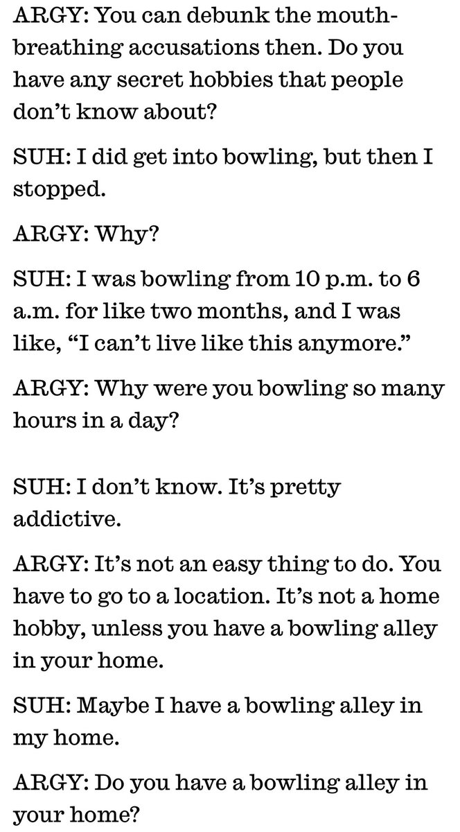 jsuhsource's tweet image. 250226 - Johnny Suh Tells Madeline Argy His
Secrets

💬: ...Do you have any secret hobbies that people don’t know about?
🐱: I did get into bowling, but then I stopped.
💬: Why?
🐱: I was bowling from 10 p.m. to 6 a.m. for like two months, and I was like, “I can’t live like this…
