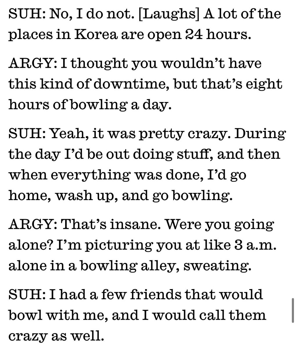 jsuhsource's tweet image. 250226 - Johnny Suh Tells Madeline Argy His
Secrets

💬: ...Do you have any secret hobbies that people don’t know about?
🐱: I did get into bowling, but then I stopped.
💬: Why?
🐱: I was bowling from 10 p.m. to 6 a.m. for like two months, and I was like, “I can’t live like this…