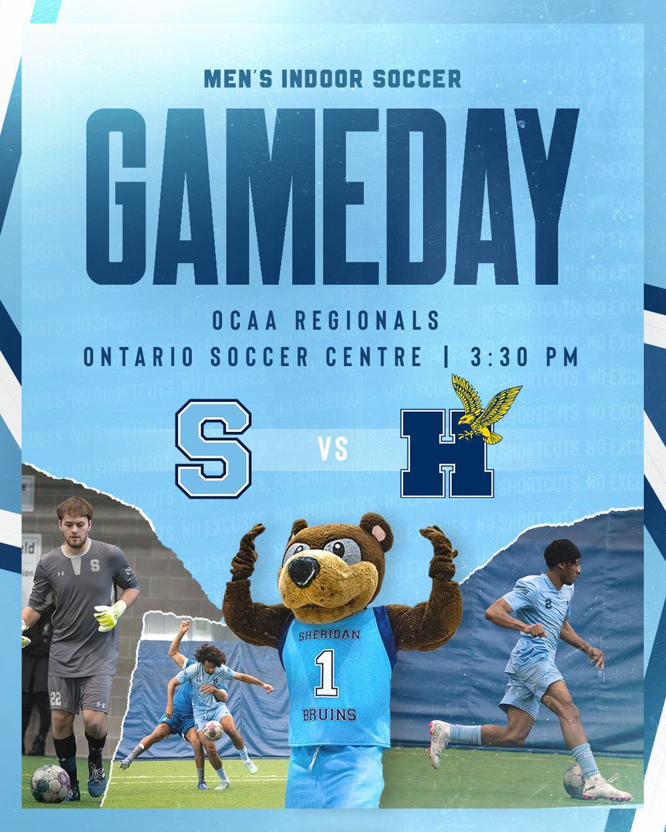 Men's Indoor Soccer GAME DAY!🐻💙⚽

📍 Ontario Soccer Centre, Vaughn

M⚽ vs Centennial
⏰8:50am

M⚽ vs Durham
⏰12:10pm

M⚽ vs Confederation
⏰1:50pm

M⚽ vs Humber
⏰3:30pm