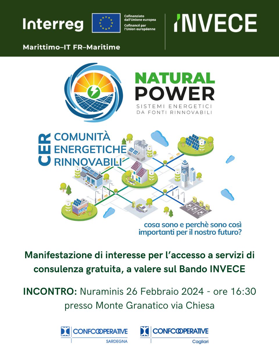 💡Oggi si terrà un incontro sulle Comunità Energetiche Rinnovabili (CER) sulla manifestazione di interesse per l’accesso ai servizi di consulenza gratuita nell’ambito del Bando INVECE!

📍Monte Granatico, via Chiesa, Nuraminis

Un passo avanti verso un futuro più sostenibile! 🌍