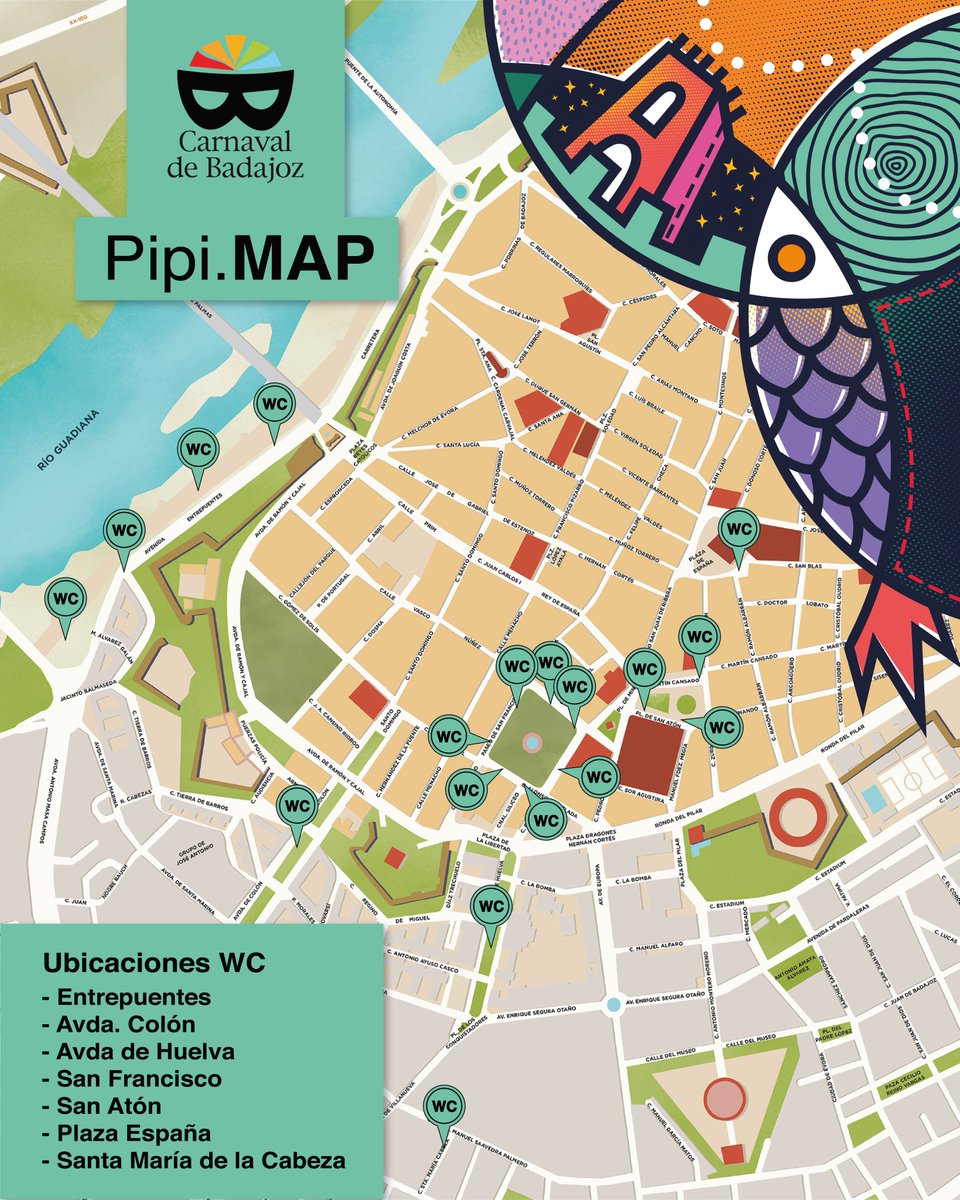 🚾 Pipi.Map del Carnaval de Badajoz 2025

📍 Mapa con las ubicaciones de los aseos portátiles en las zonas carnavaleras:

Entrepuentes
Avda. de Colón
Avda. de Huelva
San Francisco
San Atón
Plaza de España
Plaza Santa María de la Cabeza

#carnavaldebadajoz #pipimap