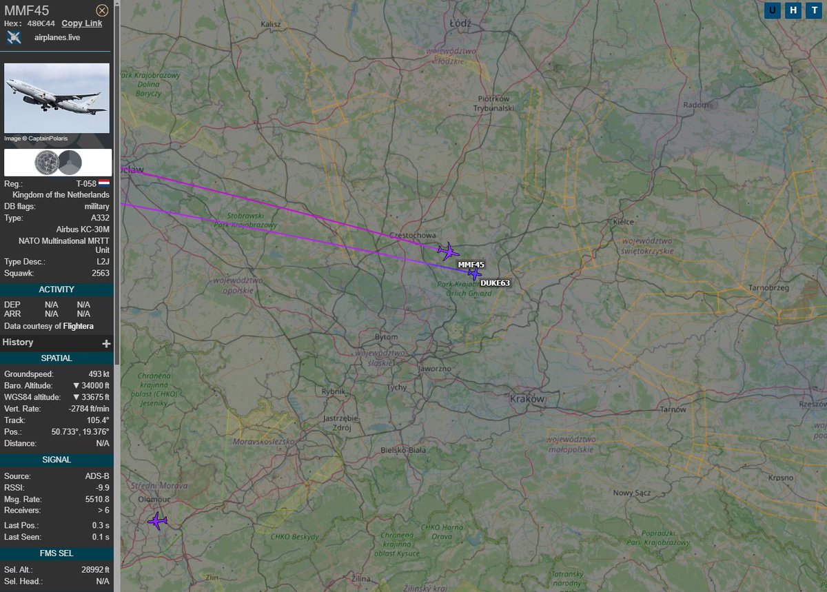 PolishMilRadar's tweet photo. ⌚️ 26.02 13:10LT

🇪🇺 NATO Multinational Multi Role Tanker Transport Fleet
✈️ Airbus A330-243MRTT "T-055"
#MMF45 zniża ⬇️
🛫 Kolonia Bonn #EDDK
🛬 Rzeszów Jasionka #EPRZ
🔗https://t.co/hlPFszEaXT https://t.co/W6o7111vmm