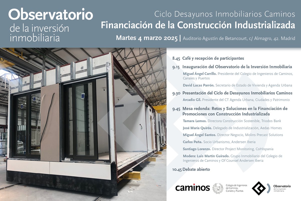 .<a href="/DavidLucas_P/">David Lucas Parron</a>, Secretario de Estado de <a href="/viviendagob/">Ministerio de Vivienda y Agenda Urbana</a>, inaugura el Observatorio de la Inversión Inmobiliaria del <a href="/Colegiocaminos/">Colegio de Ingenieros de Caminos</a> y la 1ª jornada del Ciclo de Desayunos Inmobiliarios sobre "Financiación de la construcción industrializada".

🗓️ 4/3
⌚️ 8:45
✍️ ow.ly/9wSi50V6NpR