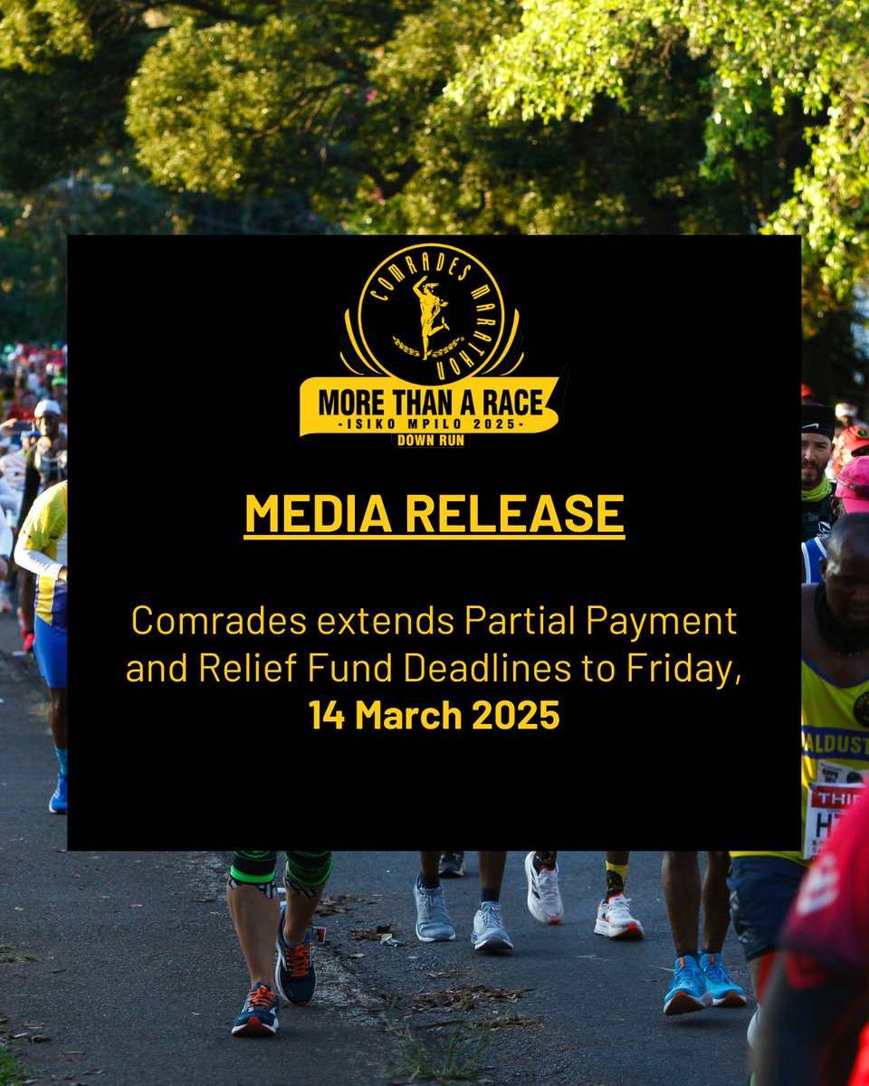 Media Release: CMA extends Partial Payment and Relief Fund Deadlines to 14 March 2025

The Comrades Marathon Association (CMA) is proud to announce a crucial extension to key deadlines, providing athletes with additional time to finalize their participation in the 2025 event. The