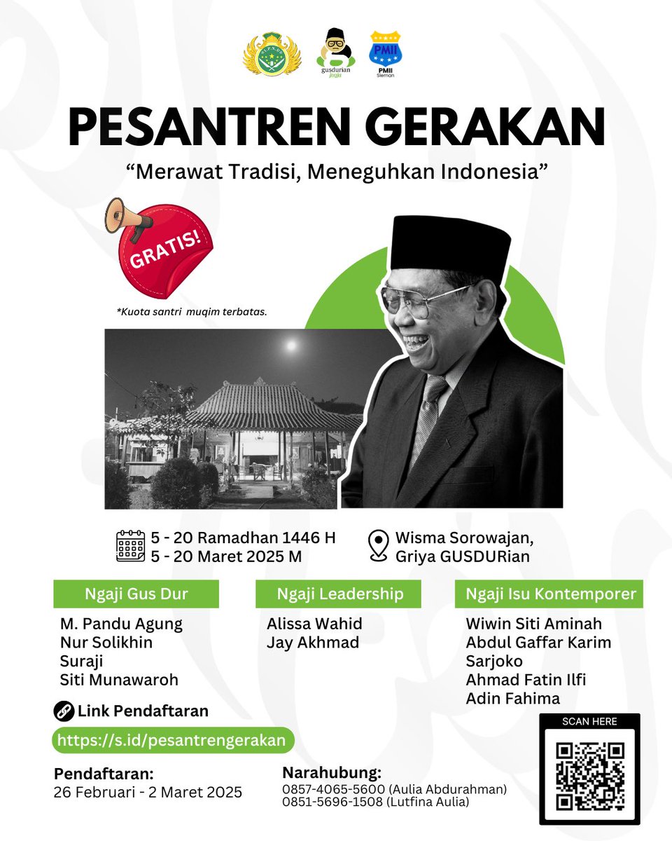 Buat kalian yang ingin memperdalam kapasitas kepemimpinan, memahami pemikiran Gus Dur dan isu-isu kontemporer, jangan lewatkan Pesantren Gerakan. Semua materi ngaji diisi oleh narasumber yang sangat berkompeten di bidangnya. 

Link pendaftaran: s.id/pesantrengerak…