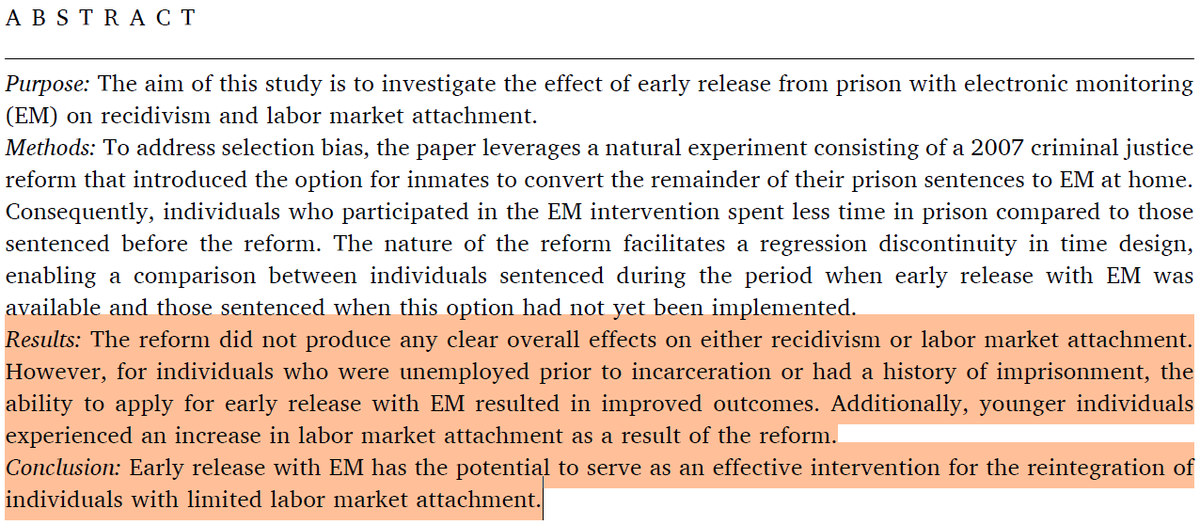 weswasi's tweet photo. Ny studie! Effect of early prison release with electronic monitoring. I studien undersöks effekterna av att förkorta fängelsetiden för intagna och istället låta dom avtjäna den sista delen av sitt straff i hemmet med fotboja, under förutsättning att de arbetar eller studerar. 🧵 https://t.co/s4Ls5U41Bs