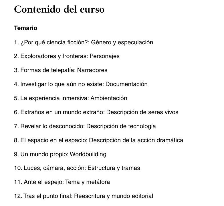 ana_b_nieto's tweet photo. 📢 ¡Nueva fecha! Ya está abierta la matrícula para nuestra segunda edición del curso trimestral de #cienciaficción ✍️🚀 que empezará a finales de marzo.

¿Quién no ha querido ser explorador o pionero en territorios extraños como el espacio, el cuerpo o el mundo cyber? ¿Cómo suspender la credibilidad del lector para mantenerlo cautivo hasta la última página?⁠ ⁠ 

Os dejo aquí abajo el temario: documentación, ambientación, worldbuilding, personajes, narradores... Todo lo que necesitas para construir tu historia cifi.

Más información en la Escuela de Escritores 🔥  

#cienciaficción #escribircienciaficción #escrituracreativa #escueladeescritores