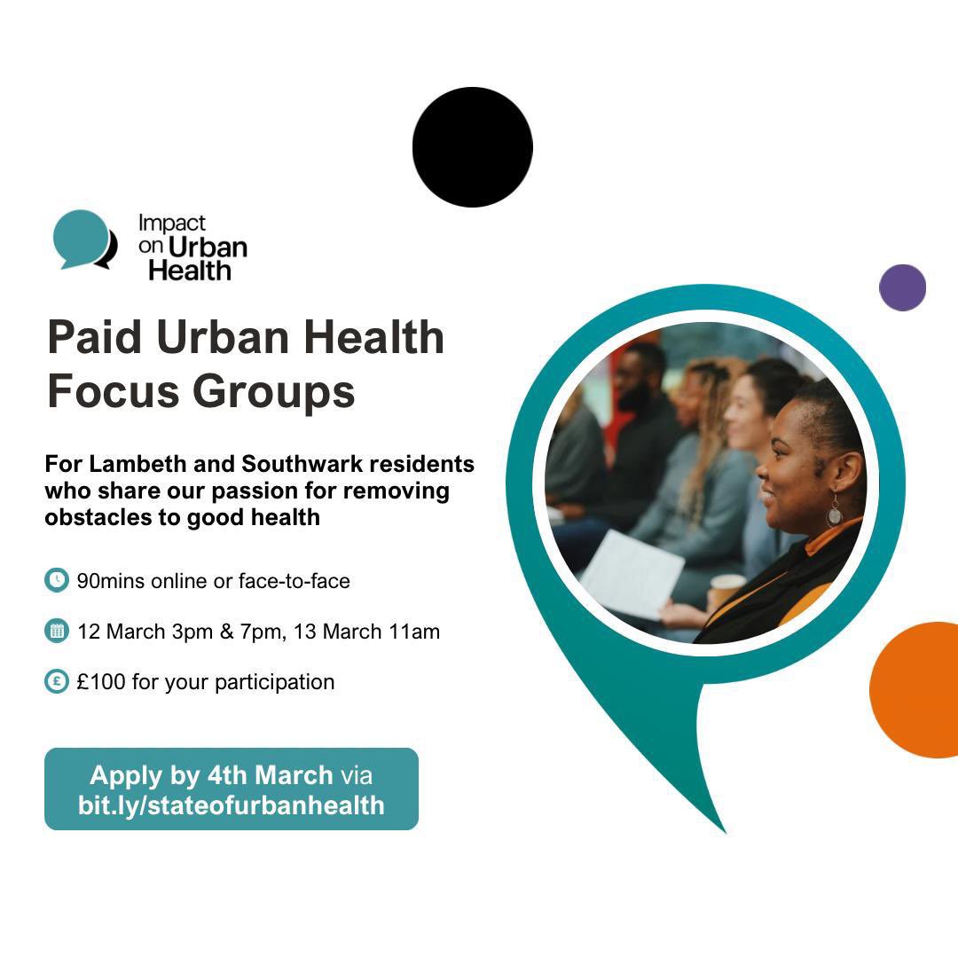 Earn £100 – Join an Impact on Urban Health Focus Group! 💰🗣

Hosted by Emily &amp; Dave in partnership with Impact on Urban Health, are conducting focus groups; an opportunity for Lambeth and Southwark residents to share their experiences and help improve local health.

Can you
