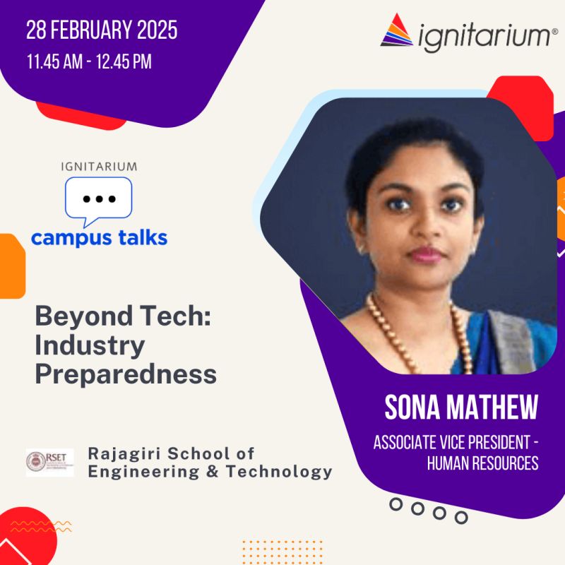 ignitarium's tweet image. Introducing Campus Talks, our new initiative! 🎤
Our Associate Vice President - HR, Sona Mathew will be launching this at Rajagiri School of Engineering & Technology, Kochi this week! 🌟
#ignitarium #sparkon #campustalk #BeyondTech #IndustryReadiness #softskills