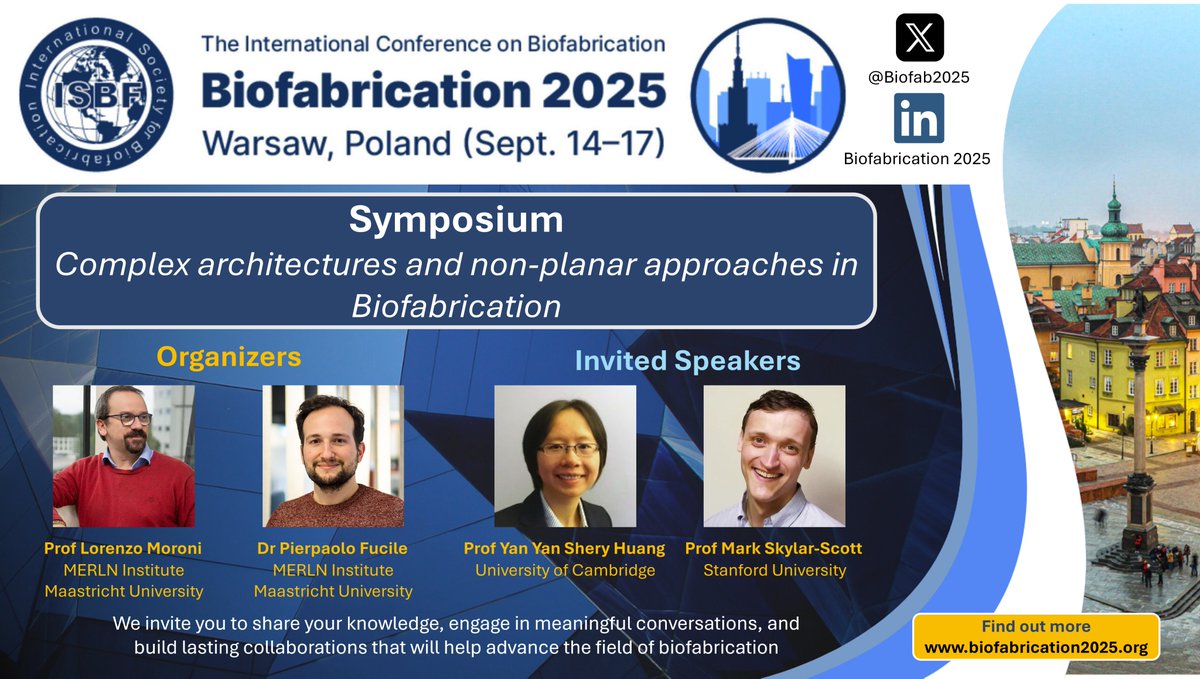 Pierpaolo Fucile (@pierpaolofucile) on Twitter photo 🚨 Symposium alert!
Are you planning to join the next <a href="/Biofab2025/">ISBF Biofabrication 2025</a> in the beautiful Warsaw?
Send your abstract to the symposium chaired by <a href="/MoroniGroup/">Moroni Lab</a> and myself. Keynotes by Yan Yan Shery Huang (<a href="/Biointerface_CU/">Yan Yan Shery Huang</a>) and Mark Skylar-Scott! Deadline: 14/05!
<a href="/MERLN_UM/">MERLN</a> #RoboticPrinting 🚨 Symposium alert!
Are you planning to join the next <a href="/Biofab2025/">ISBF Biofabrication 2025</a> in the beautiful Warsaw?
Send your abstract to the symposium chaired by <a href="/MoroniGroup/">Moroni Lab</a> and myself. Keynotes by Yan Yan Shery Huang (<a href="/Biointerface_CU/">Yan Yan Shery Huang</a>) and Mark Skylar-Scott! Deadline: 14/05!
<a href="/MERLN_UM/">MERLN</a> #RoboticPrinting