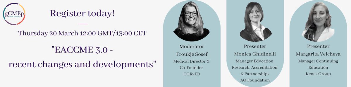 Join the #gCMEp on Thursday 20 March 2025 (12:00 GMT / 13:00 CET) for a topical 30-minute webinar exploring "EACCME 3.0 - recent changes and developments".
Register here: bit.ly/4hSm5fz