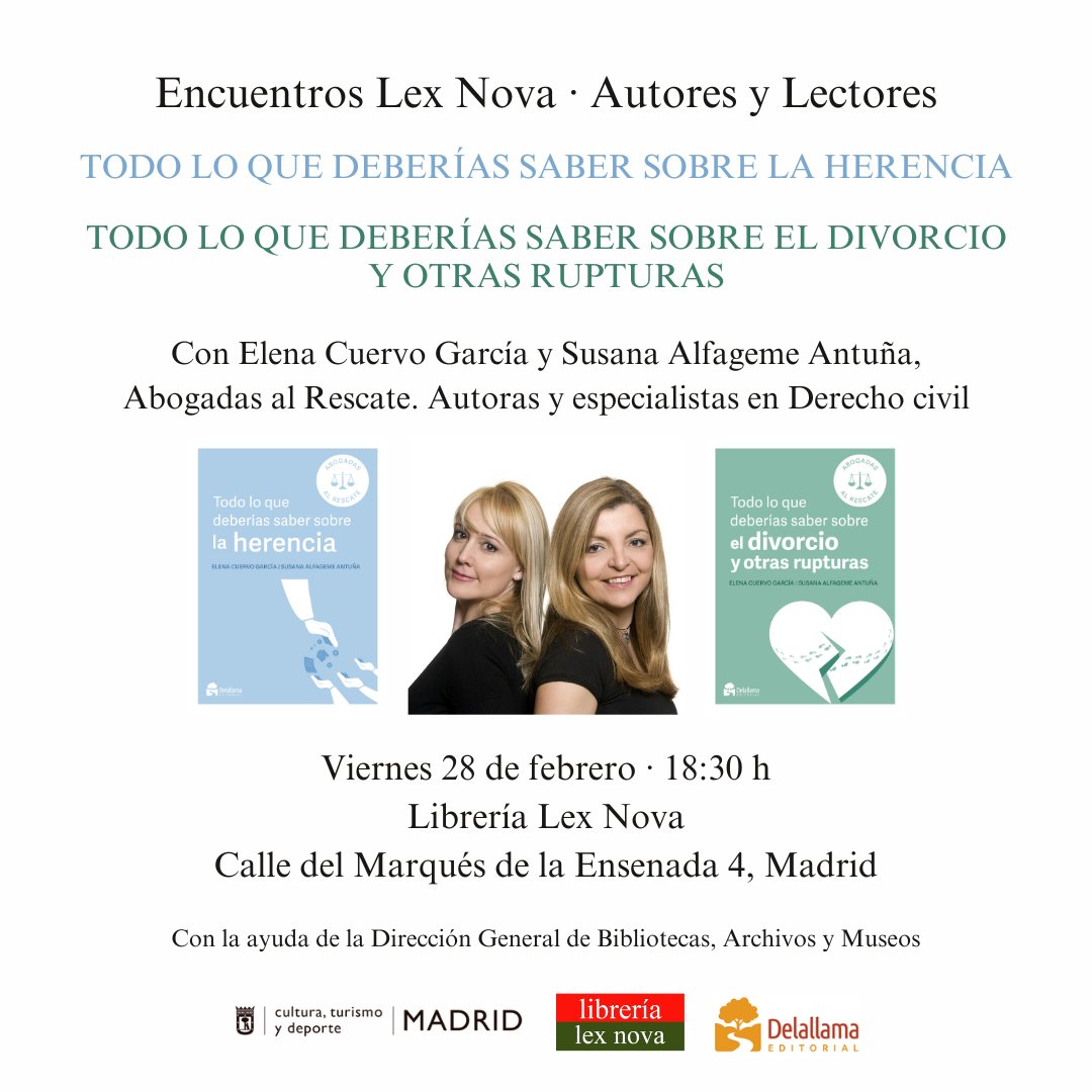 CuervoAlfageme's tweet photo. Este viernes 28 de febrero presentamos la colección #AbogadasalRescate en Madrid.
Acércate a conocer nuestros libros.
Además, tenemos a un presentador mucho más que genial, @pablocarmenado.
Será las 18:30 en la Librería Lex Nova.
¡Te esperamos! https://t.co/RgF6q7cHdr