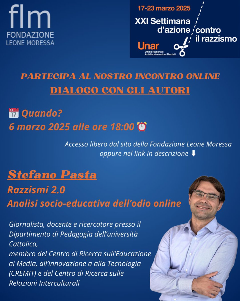 INCONTRO ONLINE CON AUTORI

il 6 marzo 2025📅
alle 18:00⏰

Per seguire l'evento on line ->>
fondazioneleonemoressa.org/2025/02/25/dia…

#SettimanaControIlRazzismo #UNAR #Inclusione #Uguaglianza #FondazioneLeoneMoressa #NoAlRazzismo #UnMondoSenzaPregiudizi #EventoOnline #UnitiControIlRazzismo