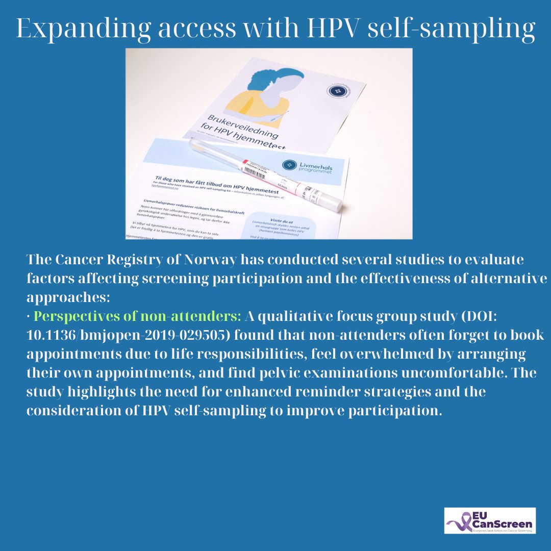 eucanscreen's tweet image. CervicalScreen Norway 🇳🇴
How CervicalScreen Norway works?
Expanding access with HPV self-sampling
#EU#EuropeanCommission #EU4Health #BeatCancer #HealthEquity #EUCanScreen🇪🇺 #CervicalScreen#Norway🇳🇴