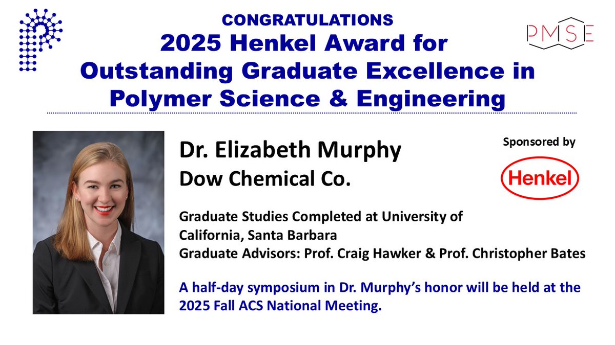ACS POLY Division (@poly_acs) on Twitter photo Join POLY at #ACSFall2025 to celebrate <a href="/elizabethm1239/">Elizabeth Murphy</a> receiving the 2025 Henkel Award for Outstanding Graduate Excellence in Polymer Science & Engineering! Congrats Dr. Murphy! You can view her statement at: polyacs.org/henkel-award-f… Join POLY at #ACSFall2025 to celebrate <a href="/elizabethm1239/">Elizabeth Murphy</a> receiving the 2025 Henkel Award for Outstanding Graduate Excellence in Polymer Science & Engineering! Congrats Dr. Murphy! You can view her statement at: polyacs.org/henkel-award-f…