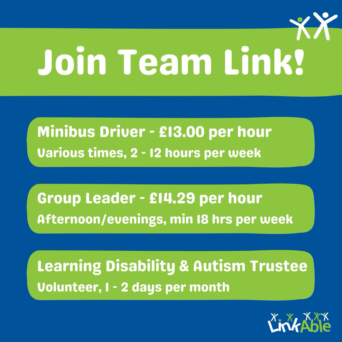 Link_Able's tweet image. We have got some BRILLIANT vacancies at LinkAble! 

1. Minibus Drivers 
2. After School Club Group Leader 
3. Learning disability and autism Trustee 

ow.ly/kmW650UZh6t

#Vacancy #Woking #LearningDisability #Autism