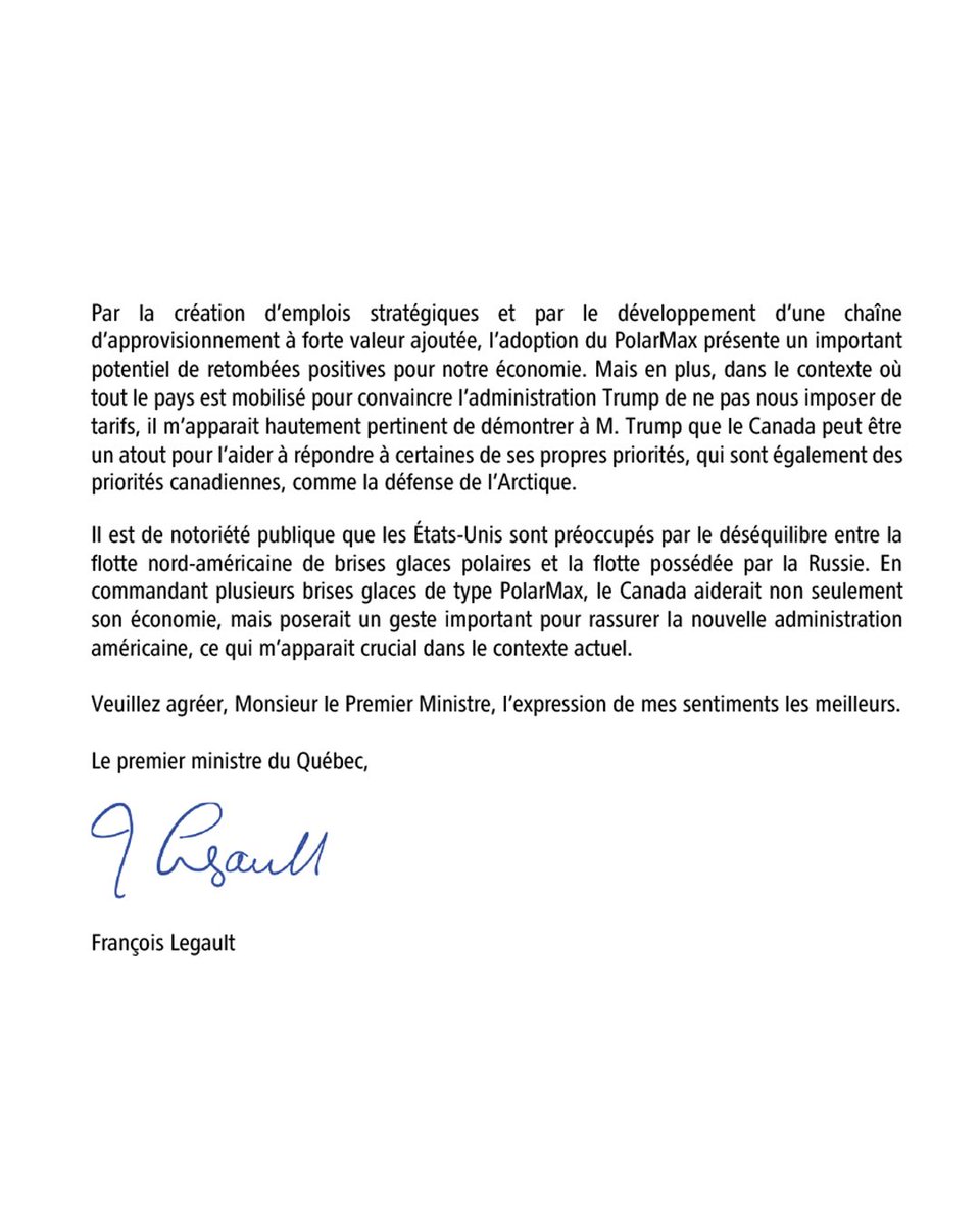 Ma lettre à Justin Trudeau sur la nécessité de se doter de brise-glaces pour renforcer notre rôle dans la préservation de la sécurité de l’Arctique et créer des emplois stratégiques. Ce serait aussi une façon de montrer à l’administration Trump que le Canada peut être un atout en