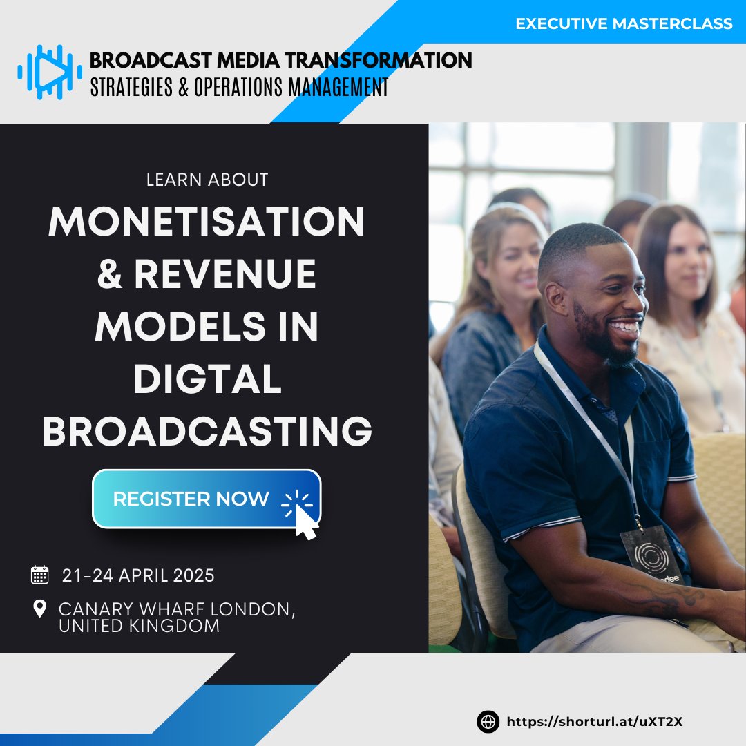 BcastinAfrica's tweet image. Unlock the secrets to Monetisation and Revenue Models in Digital Broadcasting at our  Executive  Masterclass! 
Register Now:  shorturl.at/PUZn6 

#broadcastingandmedia #broadcastmediatransformation #executivemasterclass #registernow