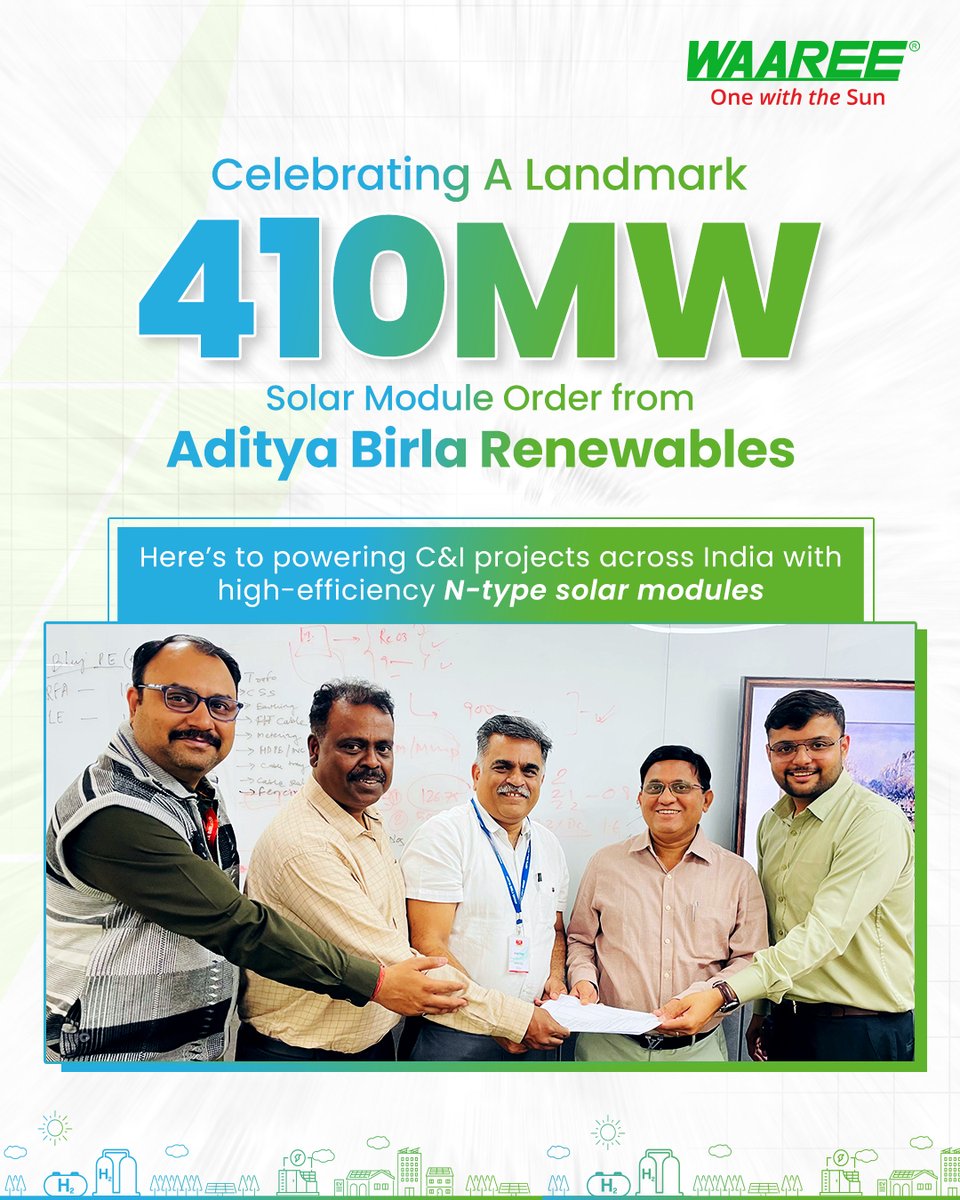 We are proud to partner with Aditya Birla Renewable Energy Limited (ABREL) to supply 410 MW of advanced N-Type solar modules for key commercial and industrial (C&amp;I) projects across Gujarat, Rajasthan, and Maharashtra. 

#Waaree #Sustainablity #Greenenergy