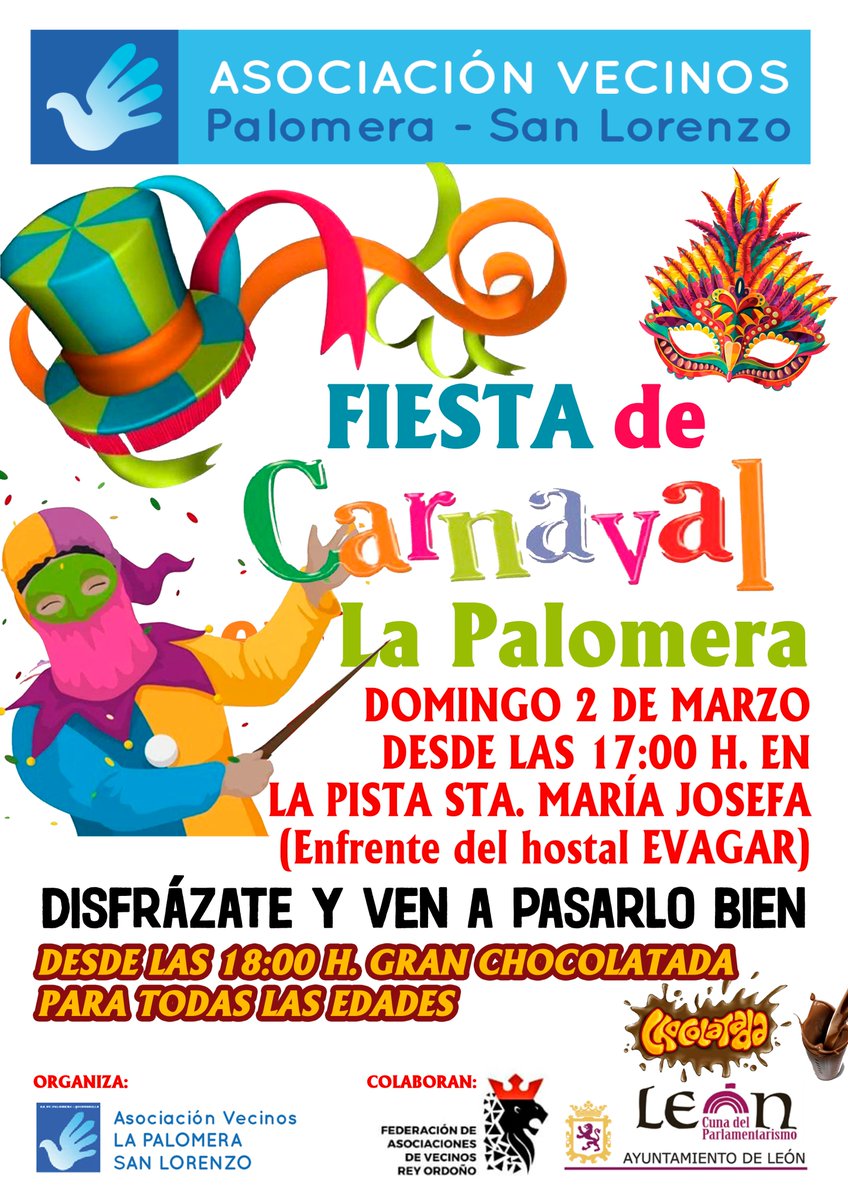 ReyOrdono's tweet photo. León se prepara para los Carnavales, y desde las Asociaciones de Vecinos nos sumamos a las celebraciones.

El domingo 2 de marzo, Fiesta de Carnaval organizada por la AV Palomera-San Lorenzo
El lunes 3 de marzo,Fiesta de Carnaval organizada por la AV San Antonio de Padua https://t.co/qVqtVuoRS3