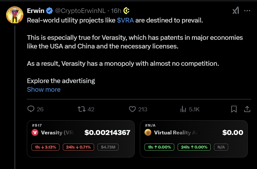 cryptomenai's tweet photo. What’s $VRA all about? Wondering if anyone knows? Just click the Cryptomen icon to instantly get real-time data, insights, and the latest trends on Verasity!
#CryptoMen #VRA #Crypto #Altcoin #DeFi #Verasity
https://t.co/MzKAMBZzbZ https://t.co/4vdMT3O6nx