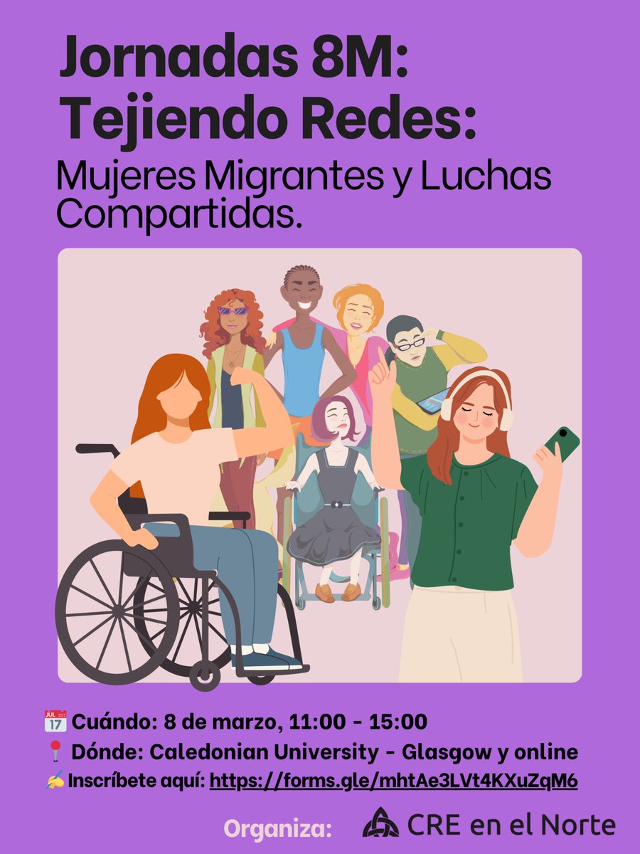 Unete a nosotras en estas Jornadas 8M: Tejiendo Redes. Lo celebraremos en Glasgow para compartir y aprender juntas. Charla, comida comunitaria y taller de autodefensa. Registrate: forms.gle/4aXWEQ6uSJwEij… Plazas limitadas #8M #MujeresMigrantes #TejiendoRedes
