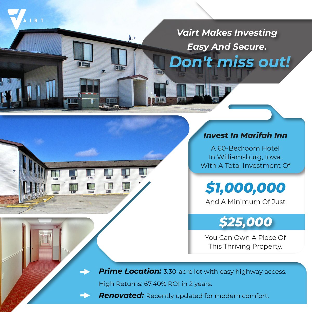 Invest in a 60-room hotel in Williamsburg, Iowa, with just $25K!
67.4% ROI in 2 years
Prime 3.3-acre location
Recently renovated
Vairt makes investing easy &amp; secure! shorturl.at/SN2Lt
#SmartInvesting #HotelInvestment #PassiveIncome #Vairt