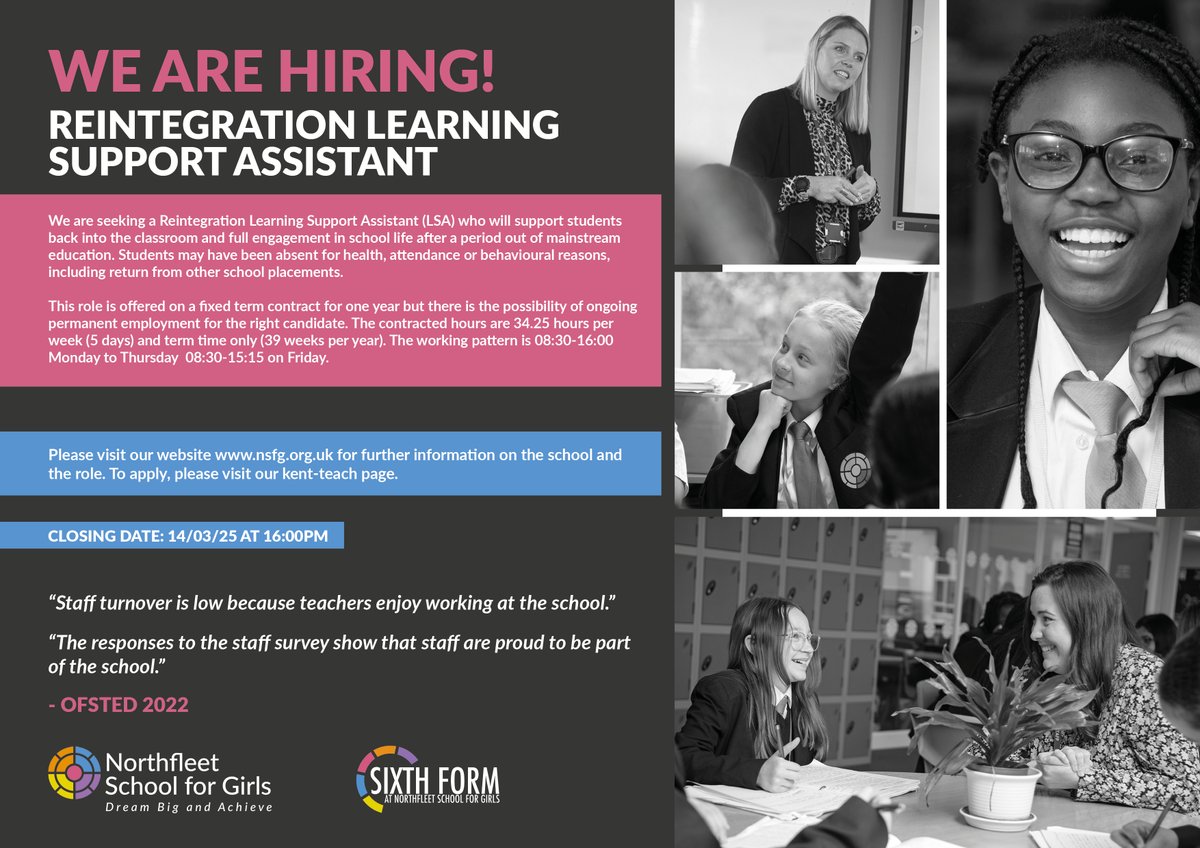 🚨VACANCY - REINTEGRATION LEARNING SUPPORT ASSISTANT🚨

We are looking for someone to join our Learning Support Team.

To learn more and apply, visit: kent-teach.com/Recruitment/Va…

#jobsinkent #kentjobs #kentteach #gravesend #northfleet #medway #dartford #ebbsfleet #meopham