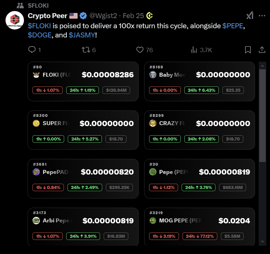 cryptomenai's tweet photo. Thinking $FLOKI could really hit 100x like $PEPE, $DOGE, and $JASMY?
Let’s talk! Tap the Cryptomen icon for live data, charts, and the scoop on these trending tokens. What’s your take?
#CryptoMen #FLOKI #PEPE #DOGE #JASMY #Crypto #Altcoins https://t.co/0qvAJl8MKg