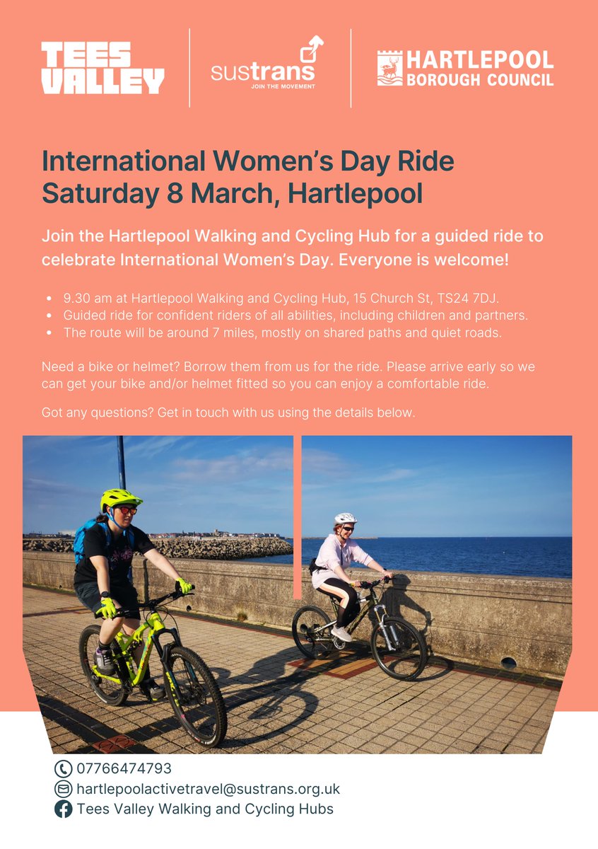 𝗜𝗻𝘁𝗲𝗿𝗻𝗮𝘁𝗶𝗼𝗻𝗮𝗹 𝗪𝗼𝗺𝗲𝗻'𝘀 𝗗𝗮𝘆 𝗴𝘂𝗶𝗱𝗲𝗱 𝗯𝗶𝗸𝗲 𝗿𝗶𝗱𝗲
🚴Join staff from the Hartlepool Walking and Cycling Hub in Church Street for a guided bike ride to mark International Women's Day.
🚴 Open to all, the ride will cover around seven miles, mostly on