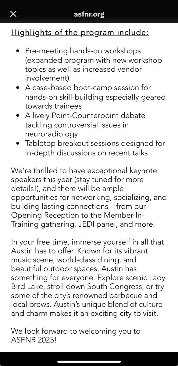 #ASFNR25 will be awesome!
Definitely looking forward to a great neuroradiology meeting this September! Always love the hands-on sessions, such a great opportunity to learn from the experts!
asfnr.org/asfnr-2025
Also excited to visit Austin, Texas for BBQ &amp; music!🤠
#BeyondBOLD