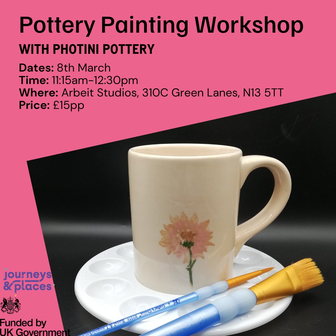 Arbeit Studios (@studiosarbeit) on Twitter photo Join Photini Pottery for a relaxed pottery painting workshop, where you can decorate a mug in your own unique style.
Date: Saturday 8th March
Time: 11:15am - 12:30pm
📍 Arbeit Studio, 310C Green Lanes, London, N13 5TT
To book, email Androulla at Photinipottery@gmail.com. Join Photini Pottery for a relaxed pottery painting workshop, where you can decorate a mug in your own unique style.
Date: Saturday 8th March
Time: 11:15am - 12:30pm
📍 Arbeit Studio, 310C Green Lanes, London, N13 5TT
To book, email Androulla at Photinipottery@gmail.com.