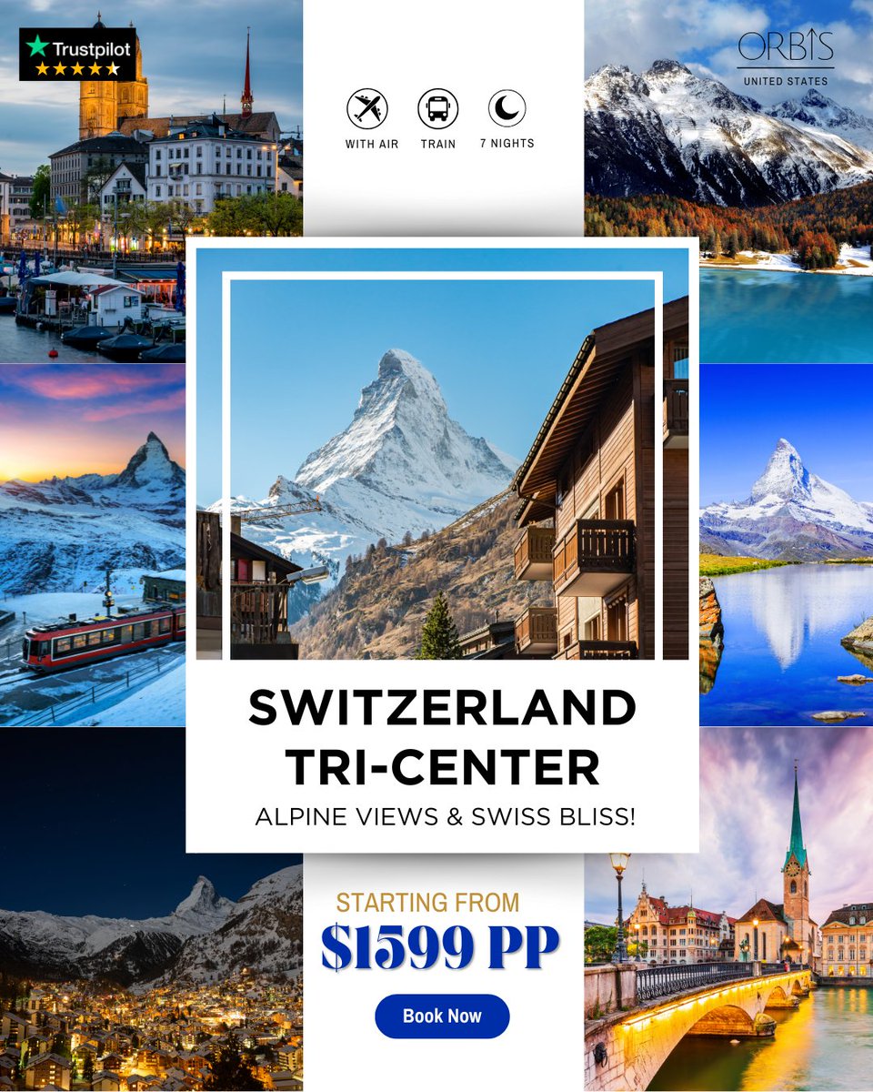 OrbisVacationUS's tweet image. 🚆 Zurich’s charm 🏙️, Zermatt’s Matterhorn magic 🏔️ &amp;amp; St. Moritz’s alpine glam ❄️—7 nights, 3 dreamy stops, all starting from $1,599. All aboard the scenic route to Swiss perfection! ✨

📍Book Now👉
orbisvacation.us/topdealsdetail…

#SwissDreams #AlpineVibes #TrainTravelMagic