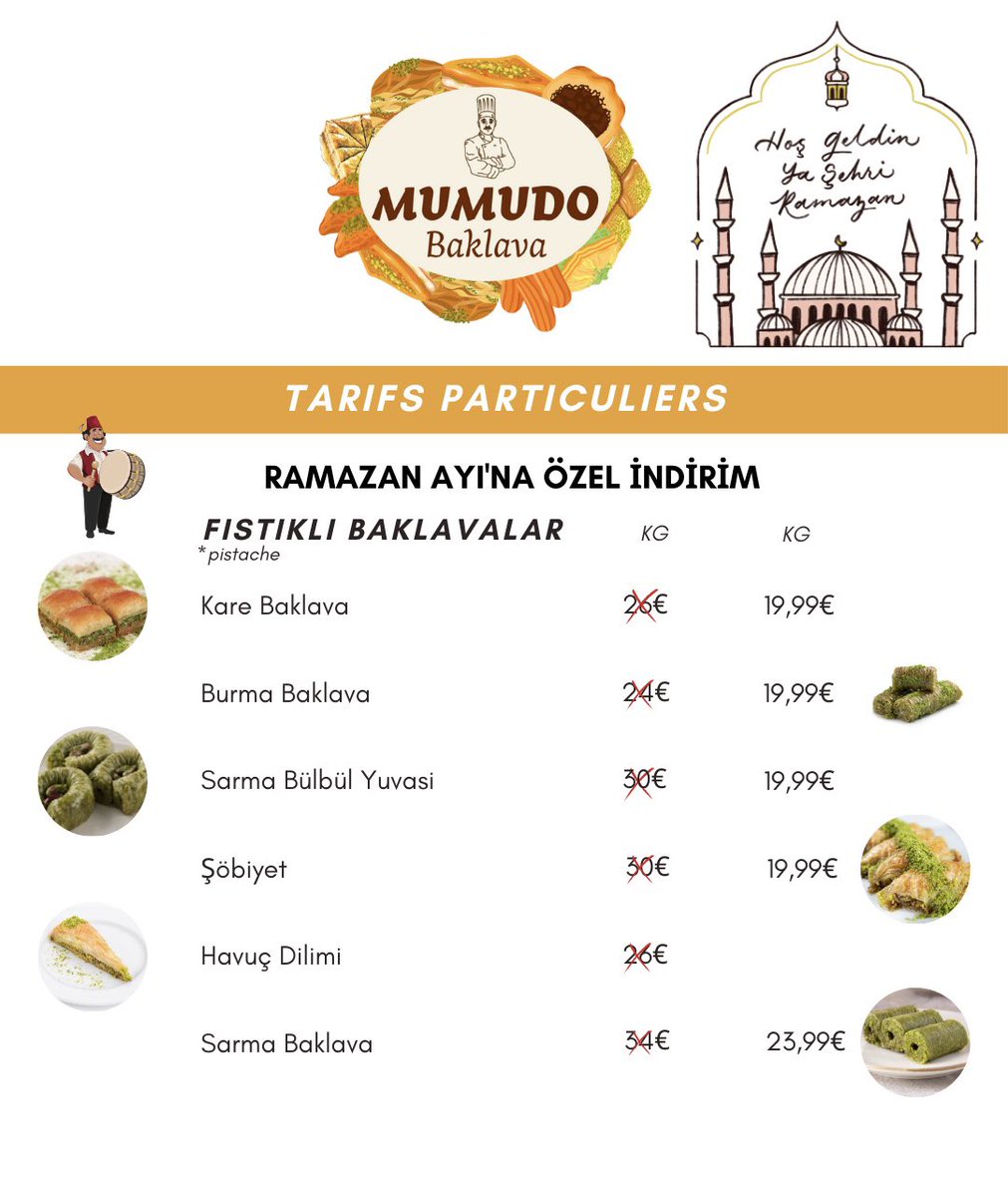 MuratC_Kale's tweet photo. ✨ MUMUDO BAKLAVA VOUS ACCOMPAGNE PENDANT LE MOIS DE RAMADAN ! ✨

Chers clients, pour célébrer ce mois sacré et adoucir vos moments de partage, nous vous proposons des prix spéciaux Ramadan sur nos délicieux baklavas : https://t.co/08TONXQPPj