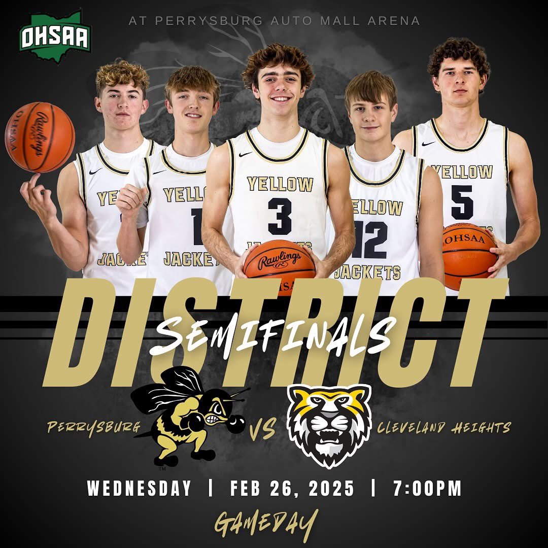 ‼️LAST HOME GAME TONIGHT‼️ #6 Perrysburg starts their tournament run in the District Semifinal game against #9 Cleveland Heights! Tip off at 7:00pm. 

Tickets 🎟️ must be purchased thru OHSAA website or cash at the gate. #letsgo #gojackets #beethere 🐝🏀

ohsaa.org/tickets
