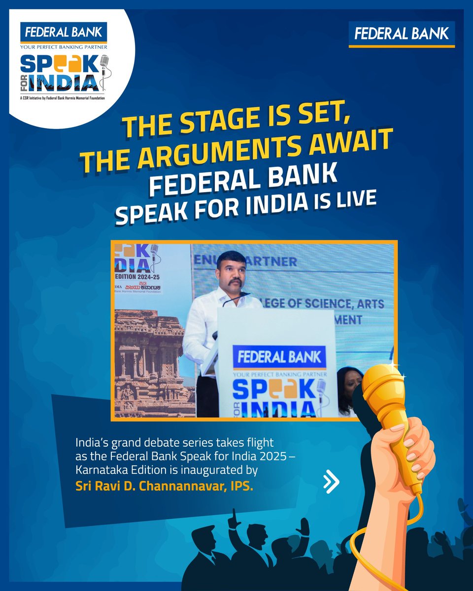 FederalBankLtd's tweet photo. Federal Bank Speak For India - Karnataka Edition launched!
Let’s wait and watch the battle of words unfold!
#SpeakForIndia #debatingcompetition #FederalBank #karnataka https://t.co/hbgceNKDvG