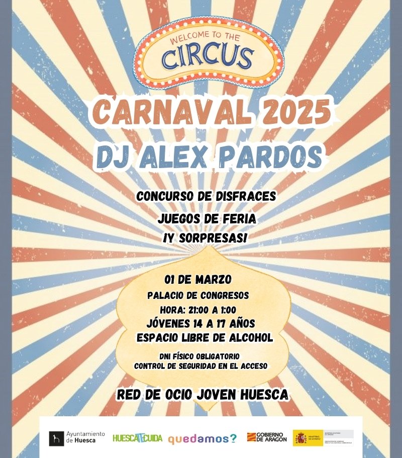 🎭Desde el Programa Red de Ocio Joven se ha organizado una 🥳Fiesta Joven Sin Alcohol, “Circus Carnaval”

➡️ 1 marzo
⌚️21 a 1 h 
↪️ Dirigida a jóvenes de 14 años (cumplidos) a 17
DNI físico obligatorio
🎟️ Entrada gratuita 
👀 Info palaciocongresoshuesca.es/evento/fiesta-…

<a href="/aytohuesca/">Ayuntamiento de Huesca</a> <a href="/radarhuesca/">radarhuesca</a>