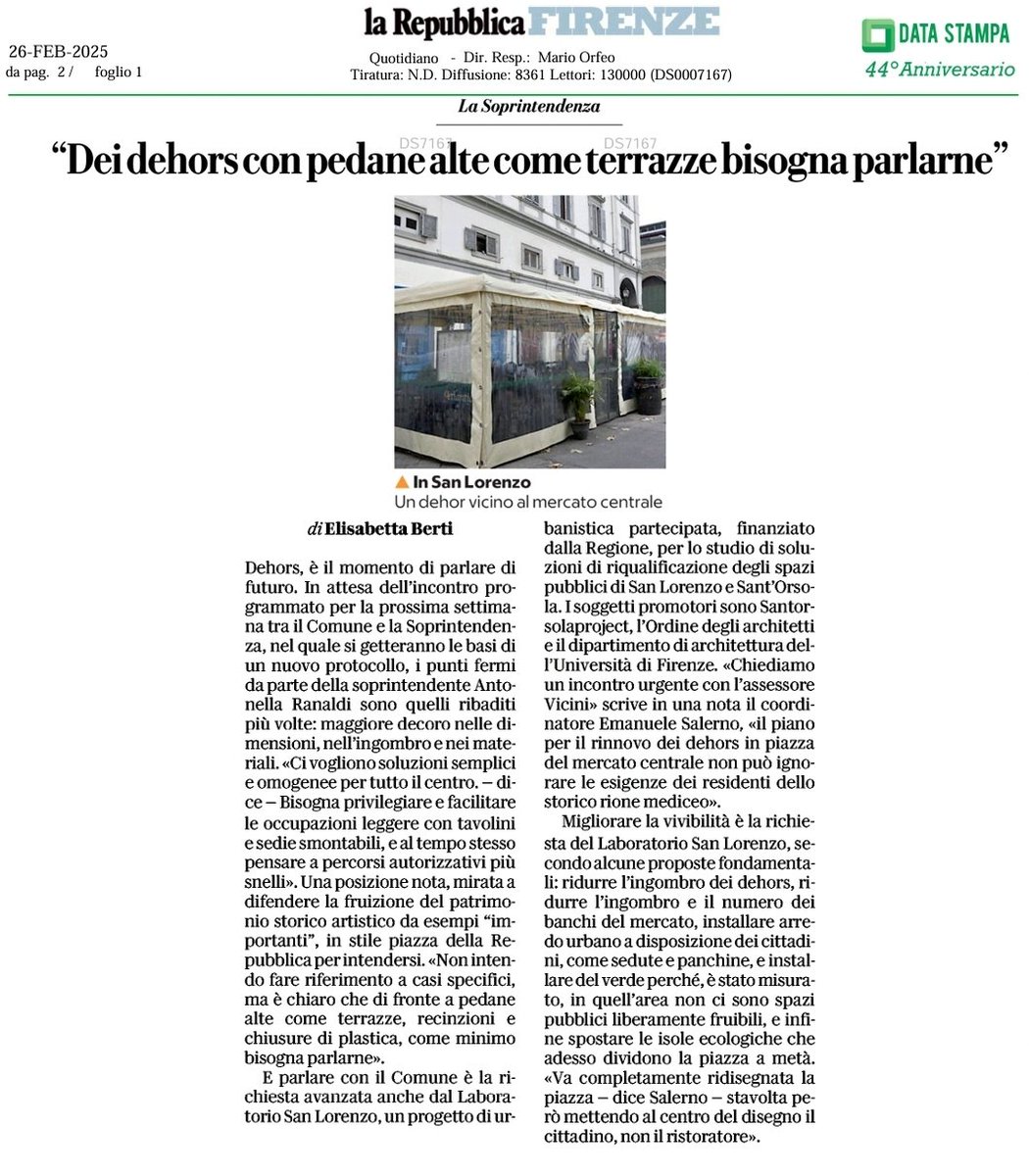 #LaboratorioSanLorenzo
via <a href="/rep_firenze/">Repubblica Firenze</a>
"Chiediamo un incontro urgente con l'assessore Vicini. Il piano per il rinnovo dei dehors in piazza del Mercato Centrale non può ignorare le esigenze dei residenti dello storico rione mediceo"
