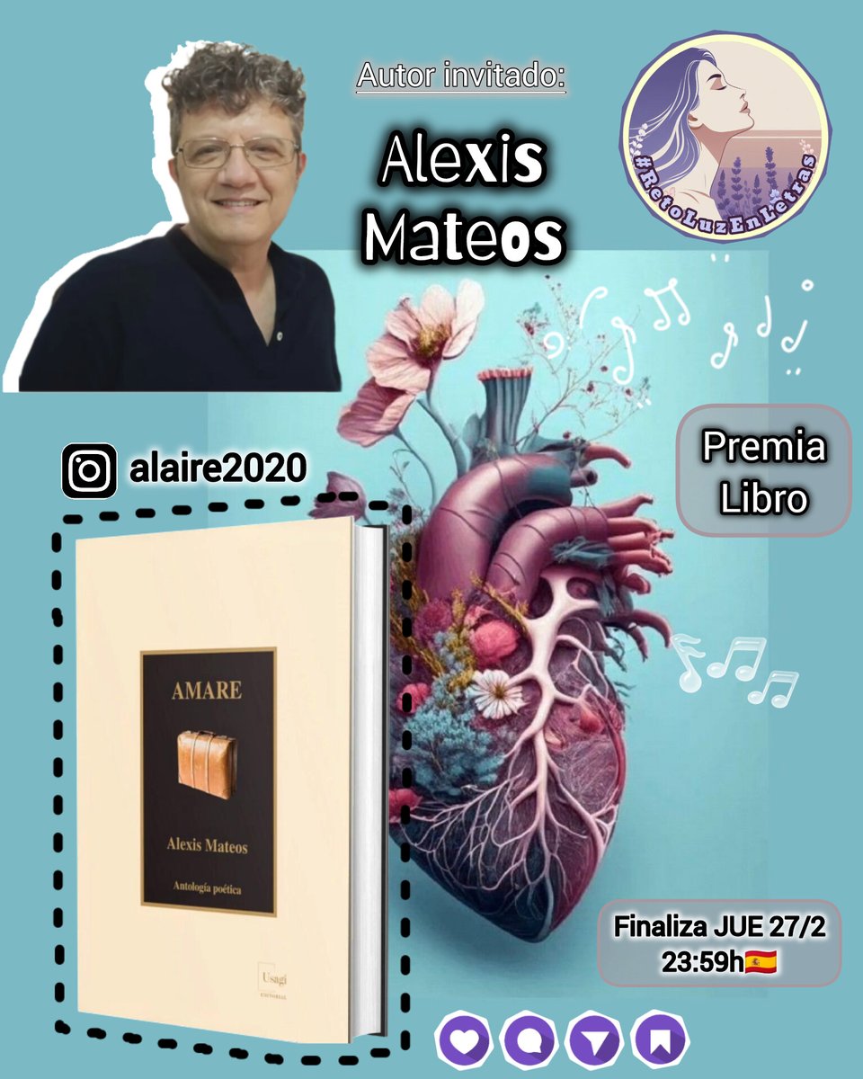 ✨#RetoLuzEnLetras 🪻<a href="/Luztintalavanda/">📚 Luz | Creadora de Contenido</a>
🖊️Autor invitado: Alexis Mateos instagram.com/alaire2020?igs…

❗:Usa imagen del reto
✍🏼Relato-Prosa-Poesía
➡️Usa Literal: *AMARE* (sin acento)
💡 Lenguaje-Ortografía

🏅Alexis premia 📙 en físico
⌛FIN: Jue 27/2 •⌛23:59h🇪🇸 *1 hora menos Canarias
