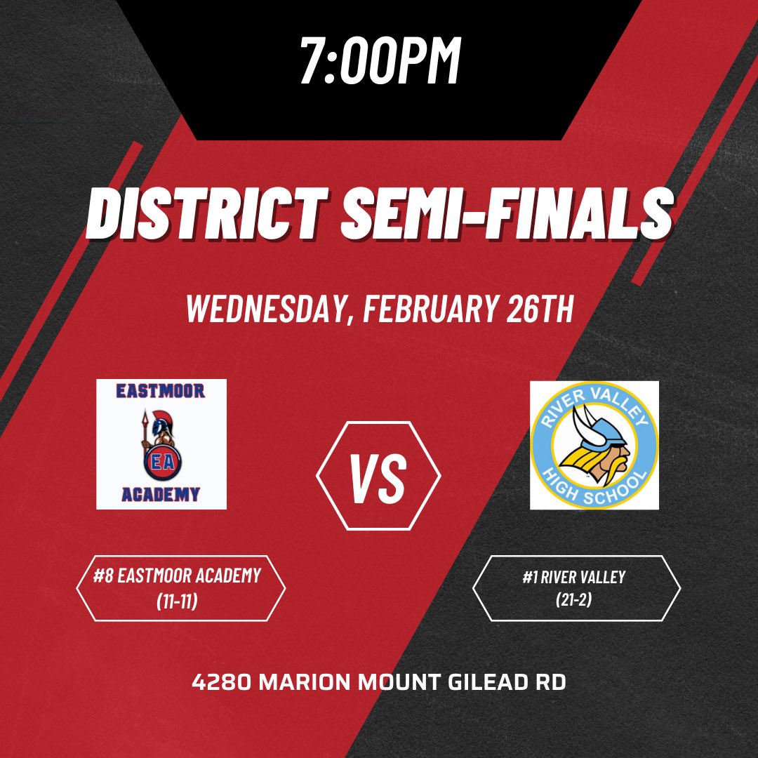 🚨 GAMEDAY ROUND 2 🚨

#8 Eastmoor Academy (11-11) vs. #1 River Valley (21-2) 

Location: 4280 Marion Mount Gilead Rd

Time: 7:00PM 

🎟️ Link to purchase game tickets: ohsaa.org/tickets