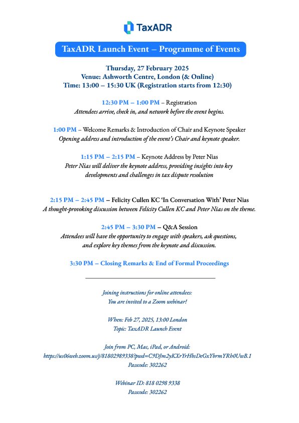 TaxADR Launch Event - Tomorrow! 

Date: Thursday, 27 February 2025 

Time: 1:00 - 3:30 PM UK 

Venue: Ashworth Centre, Lincoln's Inn, London (&amp; Online) 

Check out the full program. 

#TaxADR #ADR #TaxDisputes #Arbitration #Mediation #DisputeResolution