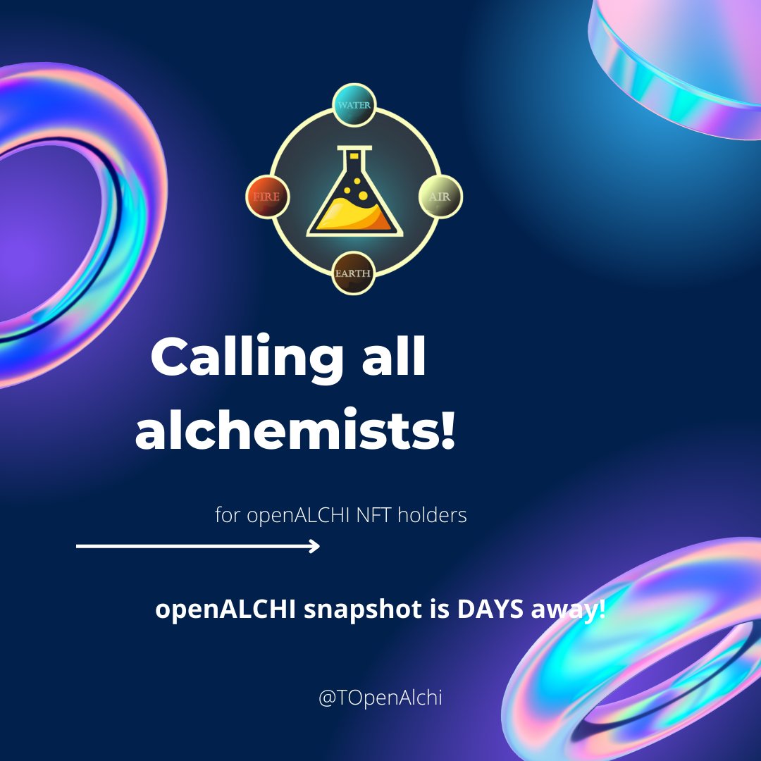TOpenAlchi's tweet photo. 📸 Snapshot incoming for openALCHI NFT holders! #Airdrop hunters 🪂 , grab yours now

—mint at https://t.co/KJSwZv8AVP 

—buy on our market https://t.co/hb4QpRs3m8. 

Don’t miss out! #openALCHI #NFTs https://t.co/7TGRPP6M4T