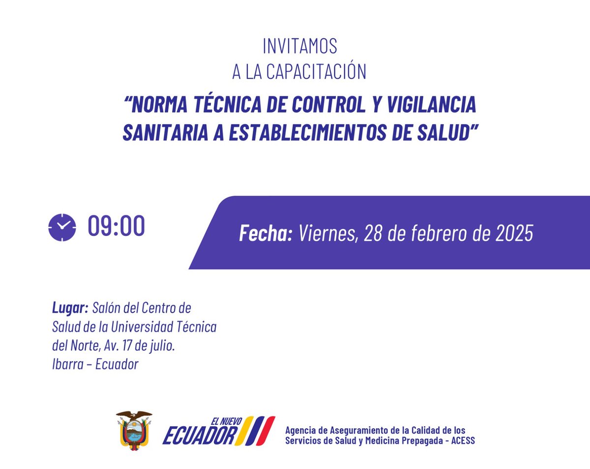 Acess_Ec's tweet photo. #Imbabura | 👥 La actualización de conocimientos fortalece la mejora continua de los servicios de salud.
🟨 Este viernes, brindaremos una capacitación sobre la Norma Técnica 📘 de Control y Vigilancia Sanitaria a Establecimientos de Salud.

🖇️ Fecha: 28 de febrero
🗓️ Hora: 09:00 https://t.co/YXaVWLw2DV