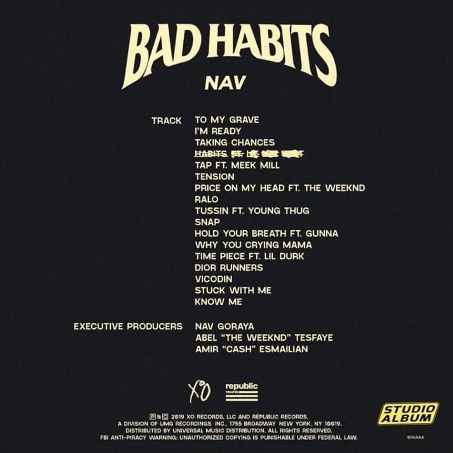 6 years ago today, NAV released his second studio album ‘Bad Habits' 🐐 

What’s your favorite song on the album? 💿