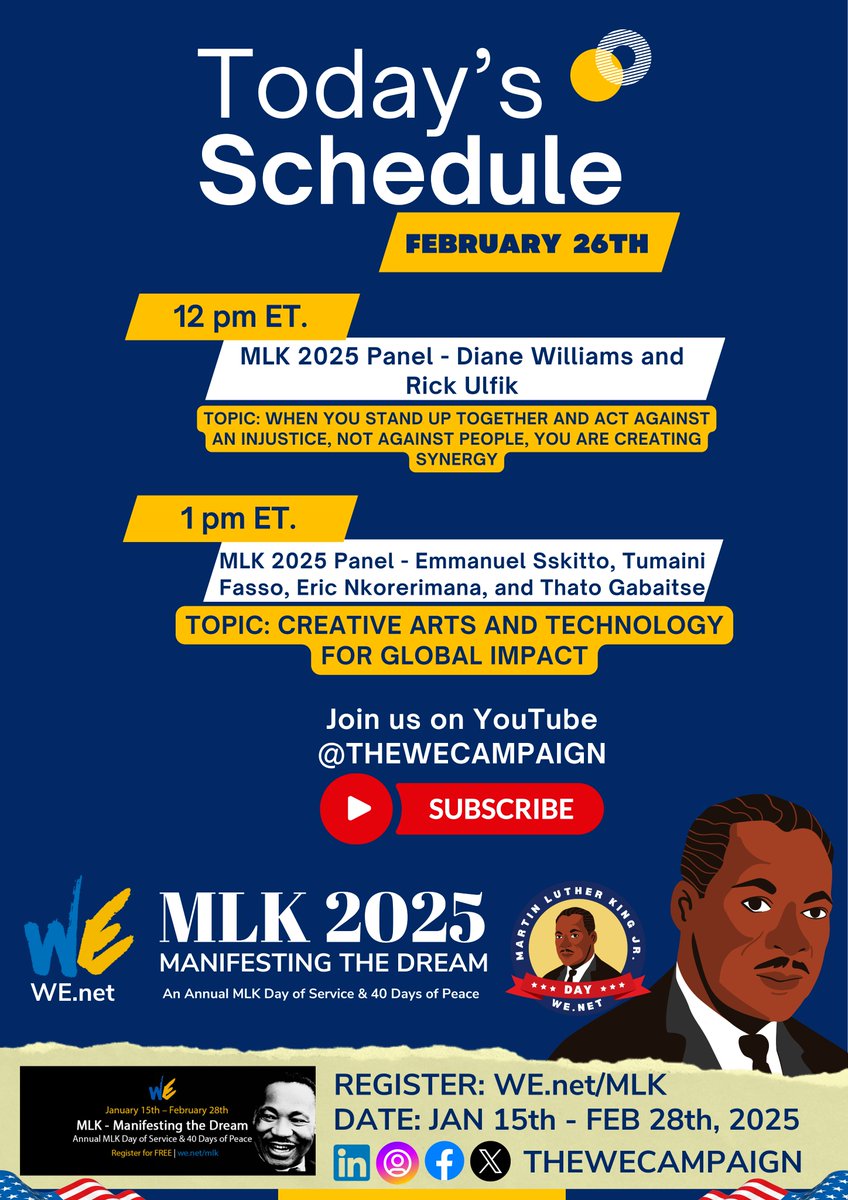 Today's Live Events
MLK 2025: Manifesting The Dream with We, The World

Event 1: Today, Wednesday, February 26th, at 12 pm ET,
youtu.be/dkz0tETyM1w

Event 2: 1 pm ET,
youtu.be/_N439nIDvWs

MLK page: we.net/mlk
Subscribe we.net