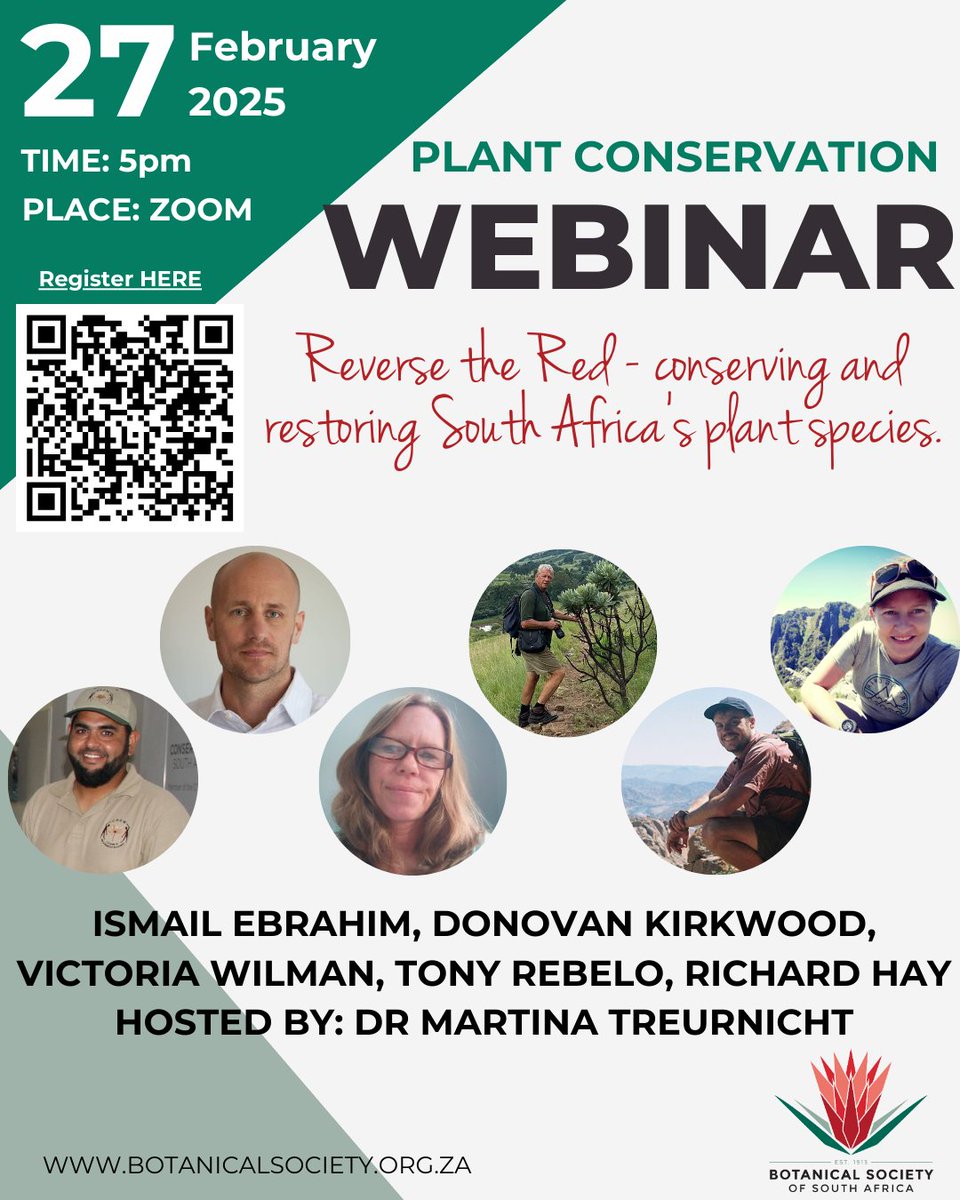 BotSocSA's tweet image. Every year on February 7th, we celebrate Reverse the Red Day to honor efforts against species extinction and promote conservation. 🌱 

Learn about South Africa’s initiatives on February 27, 2025 @5PM! 

👉 bit.ly/42Xgq3d 

#PlantConservation #ReverseTheRed #Webinar